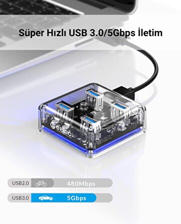 Orico Şeffaf Led Işıklı 5Gbps 4 Portlu USB-A 3.0 Çoklayıcı 30 CM Kablolu