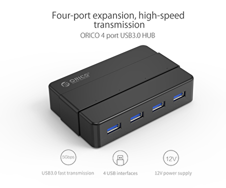 Orico 4 Portlu USB3.0 SuperSpeed 12V Güç Adaptörlü Çoklayıcı HUB,  Siyah, 100 cm, H4928-U3-V1