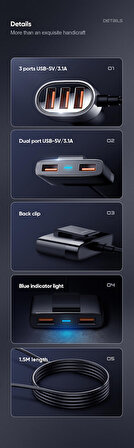 Joyroom JR-CL03 6.2A 5 Giriş USB Akıllı Araç Şarj Cihazı