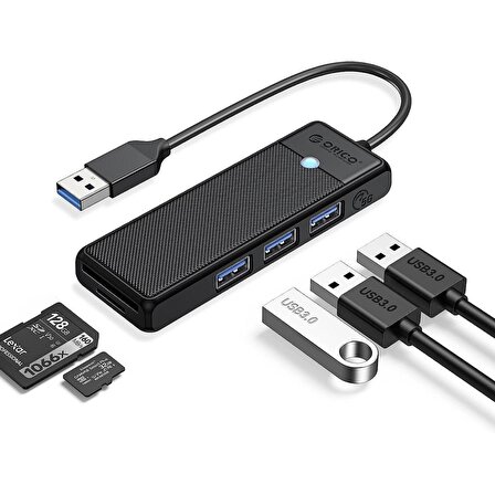 Orico USB 3.0 to 3.0 TF SD Kart Okuyucu 3 Portlu USB 3.0 Çoklayıcı Adaptör Siyah