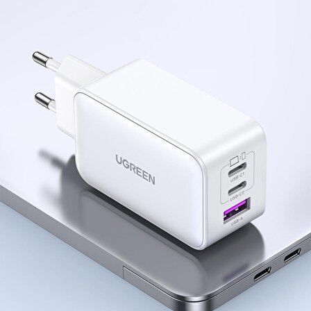 Ugreen 65W USB Type-C QC 4.0 PD 3.0 GanX 3 Portlu Hızlı Şarj Cihazı Beyaz
