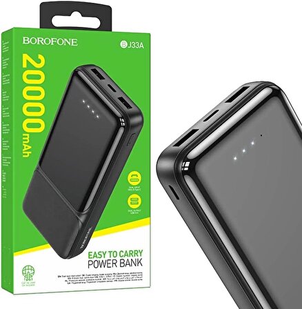 Borofone Powerbank 20000mAh Çift Çıkışlı Şarj Seviyesi Led Göstergeli Kompak ve Hafif Minimalist Tasarım iPhone ve Samsung Uyumlu Güç Bankası Siyah Renk BJ33A