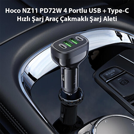 Hoco NZ11 PD72W 4 Portlu USB + Type-C Hızlı Şarj Araç Çakmaklı Şarj Aleti