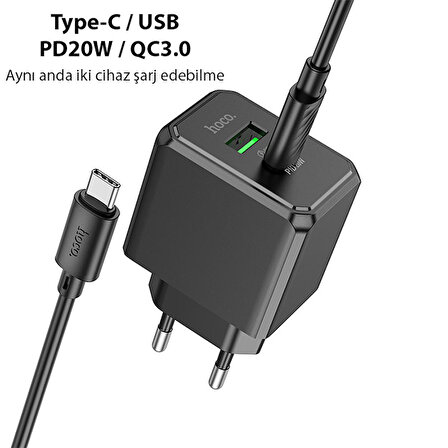 HOCO CS14A 20W Type-C + USB Hızlı Şarj Adaptörü Başlığı + Type-C Kablo
