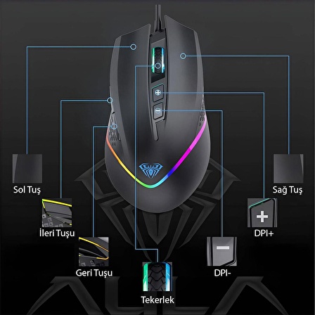 Aula F805 6400DPI RGB 7 Tuşlu Makro Optik Gaming Oyuncu Mouse