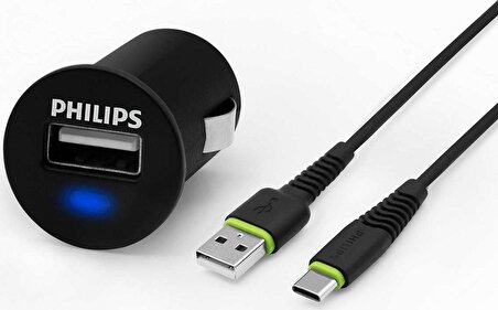 Philips DLP2520C/97 USB Araç Şarj Cihazı 2.1A + USB-C 1.2 mt Şarj Kablosu Siyah