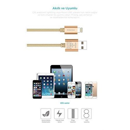 Pineng iPhone Lightning 2 Metre Örgülü Gümüş Kablo PN-305