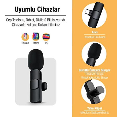 Coofbe Wireless Kablosuz Type C Yaka Mikrofonu, 20 Metre Mesafeli Canlı Yayın Yaka Mikrofonu, Tak Konuş
