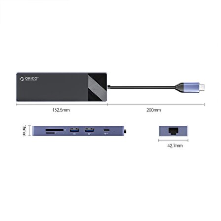 ORICO Type-C PD100W HDMI 4K@30Hz RJ45 SD TF 5Gbps Type-C 4 USB-A Portlu Hub Çoklayıcı