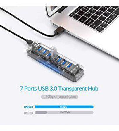 Orico 7 Portlu USB3.0 Yüksek Hızlı Şeffaf Çoklayıcı HUB, F7U-U3