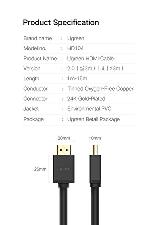 Ugreen UHD 4K Yüksek Hızlı Ethernet ve HDMI Kablosu 5 Metre