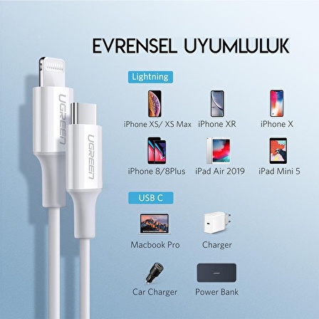 Ugreen Type-C Lightning iPhone Hızlı Şarj Kablosu 1 Metre