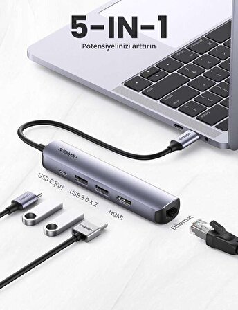 Ugreen Type-C to USB PD 100W Şarj Desteği 1Gbps Ethernet 4K HDMI Çevirici Adaptör