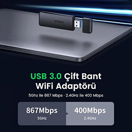 Ugreen AC1300 USB 3.0 1300Mbps 2.4/5Ghz Wi-Fi Kablosuz Alıcı Ağ Adaptörü