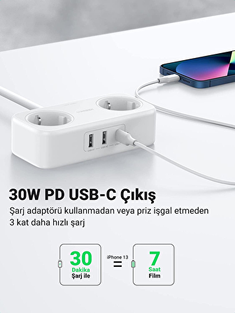 Ugreen Type-C USB Çıkışlı 2 li Akım Korumalı Grup Priz 1.8 Metre