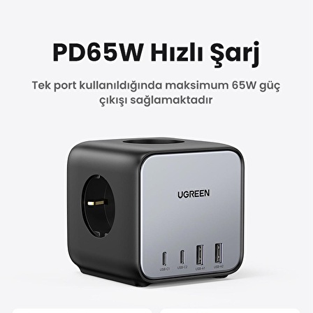 Ugreen DigiNest Cube 65W GaN 2 Hızlı Şarj Cihazı 2*USB / 2*Type-C 3 lü Akım Korumalı Küp Grup Priz