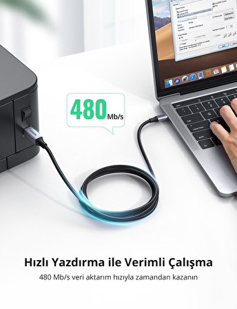 Ugreen USB-A to USB-B 2.0 Örgülü Yazıcı Kablosu 2 Metre