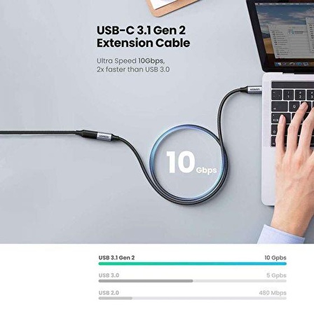 Ugreen Gen2 100W Thunderbolt 3 Type-C to Type-C Örgülü Uzatma Kablosu 50 CM