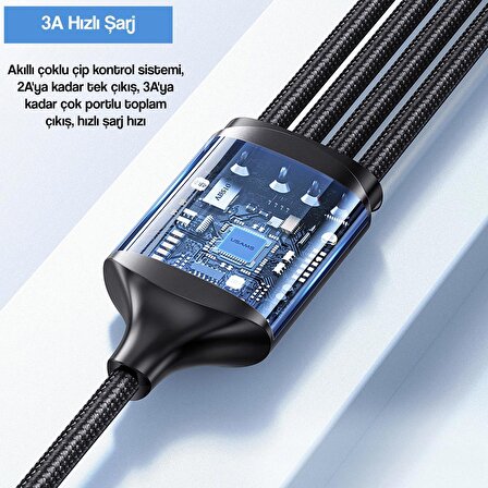US-SJ516 4in1 Çok Fonksiyonlu Alüminyum Alaşımlı Şarj Veri Kablosu, 1.2m 3A Hızlı Şarj ve Data Kablosu-Siyah