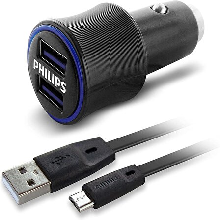 Philips USB Araç İçi Şarj Adaptörü 3.1A (2 Çıkış) + USB - Micro USB Şarj Kablosu (1.2M) DLP2553V/97