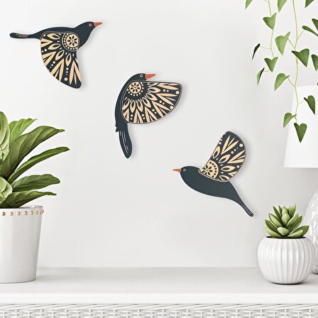 CajuArt Dekoratif Üçlü Desenli Kuşlar Ahşap Duvar Tablo Dekor Süs