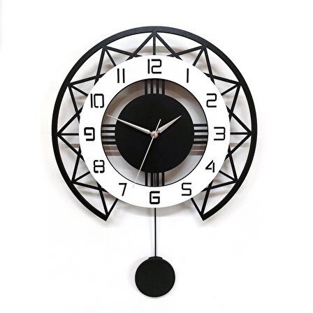 CajuArt Siyah Beyaz Stil Tasarım 40 cm Ahşap Sarkaçlı Duvar Saati