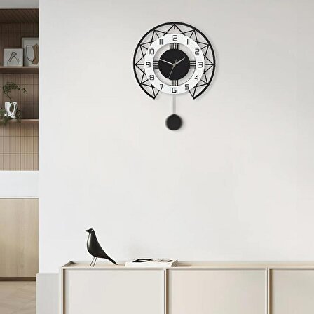 CajuArt Siyah Beyaz Stil Tasarım 40 cm Ahşap Sarkaçlı Duvar Saati