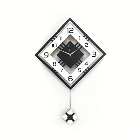 Dörtgen Geometrik Tasarım 50 cm Modern Ahşap Sarkaçlı Duvar Saati Siyah Beyaz