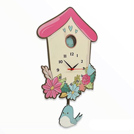 CajuArt Ahşap Sallanan Sarkaçlı Kuş Evi ve Çiçekler Duvar Saati