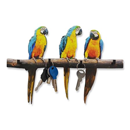CajuArt Dal Üstünde Üç Renkli Papağan Anahtarlık Hol Duvar Askılık Süs