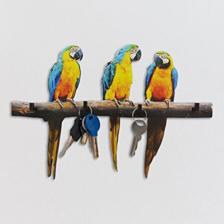 CajuArt Dal Üstünde Üç Renkli Papağan Anahtarlık Hol Duvar Askılık Süs