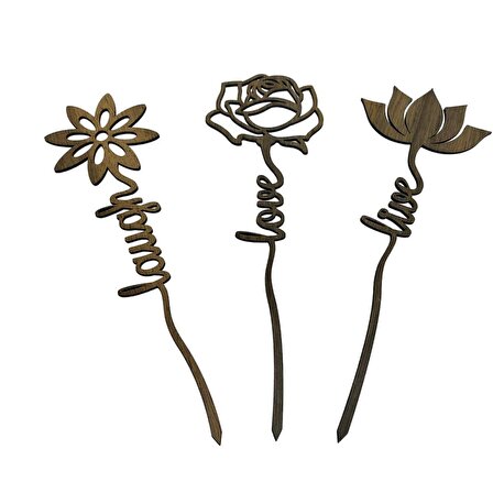 CajuArt Dekoratif Üçlü Ahşap Çiçek Motifli Yazılı Saksı Dekoru Süs