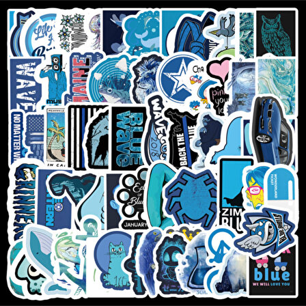 50 Adet Tekrarsız Mavi Tema Karışık Kalite Pvc Sticker 09
