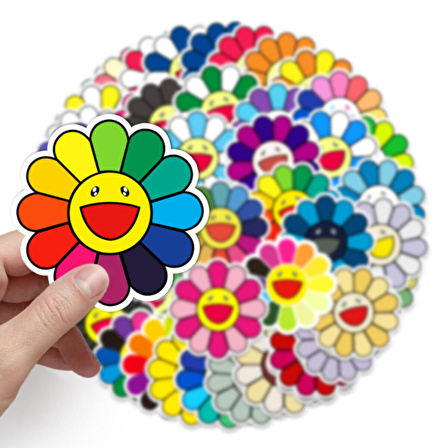 50 Adet Tekrarsız Renkli Çiçekler Kalite Pvc Sticker 02
