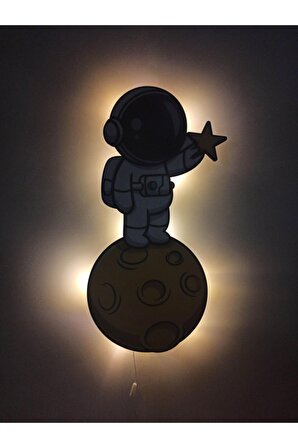 Ay Astronot Ahşap Işıklı Çocuk Odası Duvar Tablosu Dekor
