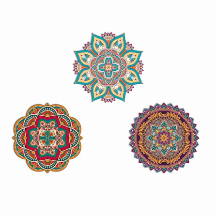 3 Adet Ahşap Renkli Mandala Duvar Dekor Üçlü Ahşap Tablo