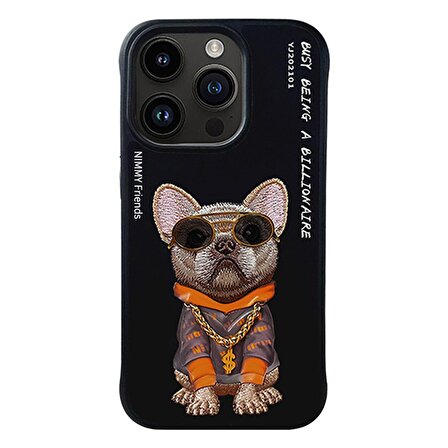 iPhone 14 Pro Dog Serisi Nakış işlemeli Gözlük Detaylı Kılıf Siyah