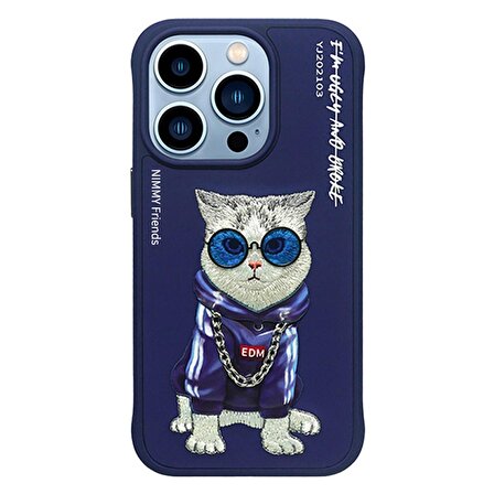 iPhone 14 Pro Max Cat Serisi Nakış işlemeli Gözlük ve Zincir Detaylı Kılıf Mavi