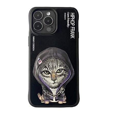 iPhone 14 Pro Max HipHop Serisi Mor Kedi Nakış işlemeli Zincir Detaylı Kılıf Siyah