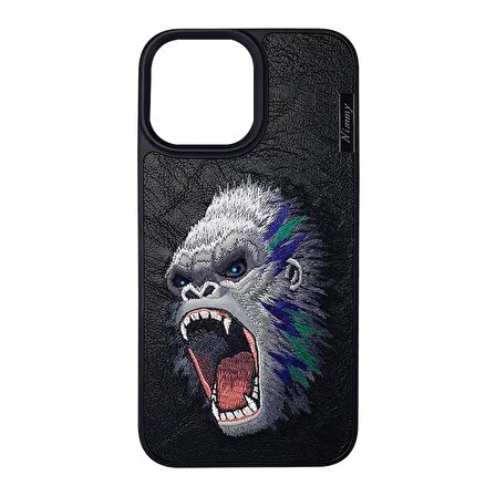 iPhone 14 Pro Ferocious Serisi Goril King Kong Nakış işlemeli 3D Detaylı Kılıf Siyah