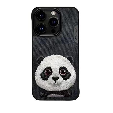iPhone 15 Panda Serisi Nakış işlemeli Detaylı 3D Kılıf Siyah