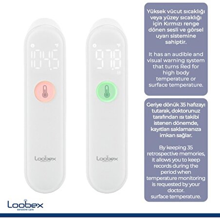 Loobex Led Temassız Ateş Ölçer Termometre Vücut - Nesne ( FDA Onaylı )