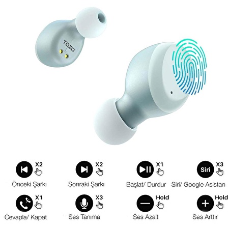 Tozo T6 Bluetooth 5.3 Dokunmatik Kontrol IPX8 Su Geçirmez Stereo Kulak İçi Kulaklık Mavi