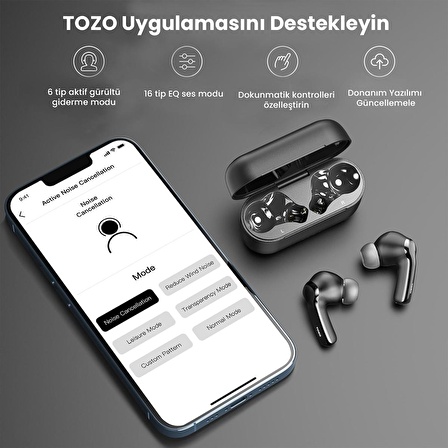 Tozo T6S IPX8 Su Geçirmez ENC Gürültü Engelleme Bluetooth 5.3 TWS Kablosuz Kulaklık Siyah