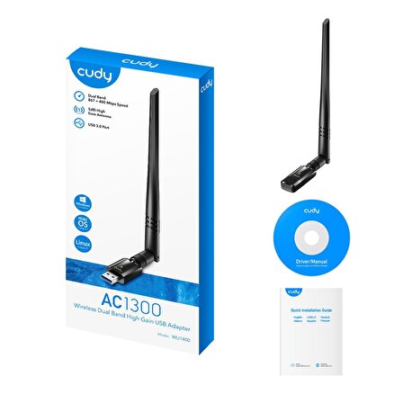 Cudy WU1400 5GHz 867Mbps, 2.4GHz 400Mbps, Wi-Fi USB 3.0 Antenli Adaptör (AC1200 Serisi)