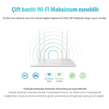 Cudy WR1200 Dual 2.4/5Ghz 4x5dBi Anten 1200Mbps 5 Port Wi-Fi Router(AC1200 Serisi)