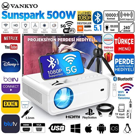 Vankyo Sunspark 500W 5G Wi-Fi + 5.1 Bluetooth 1080P Destekli Projeksiyon Cihazi - LCD LED - 240 Inç Yansitma - Dahili Hoparlör - TV Stick/PS5/HDMI/USB/VGA/AV