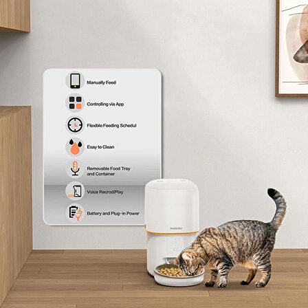 Haustier PF02 Akıllı Kedi Köpek Otomatik Mama Kabı , Tuya App-Wifi Uzaktan Kontrol, 4Lt hazne, Metal Kase , Beyaz