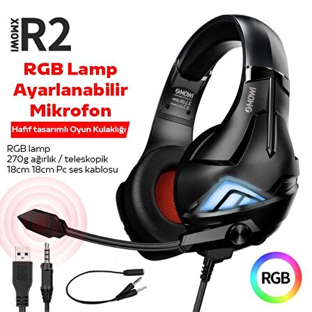 XMOWi R2 Gaming Mikrofonlu RGB Oyuncu Kulaklılığı Gurultu Engelleyici Kulaklik SİYAH,GRİ