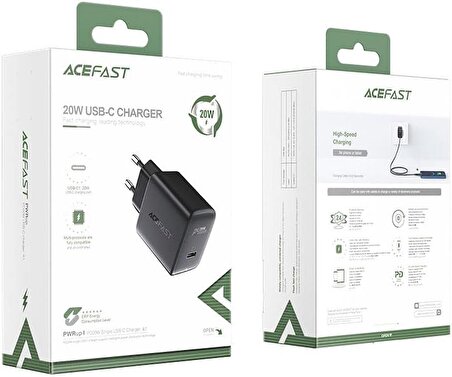 ACEFAST Duvar Şarj Cihazı PD3.0 20W Type- C Çıkışlı Şarj Başlığı Fast Charge Wall Charger USB C Çıkışlı Şarj Kafa (1xUSB-C) EU Siyah Renk A1